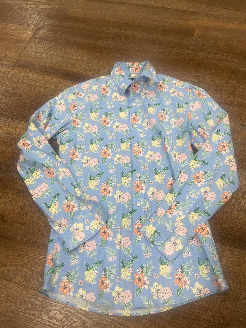 Club Room Slim Fit Blue Tropical Floral Button Shirt Small